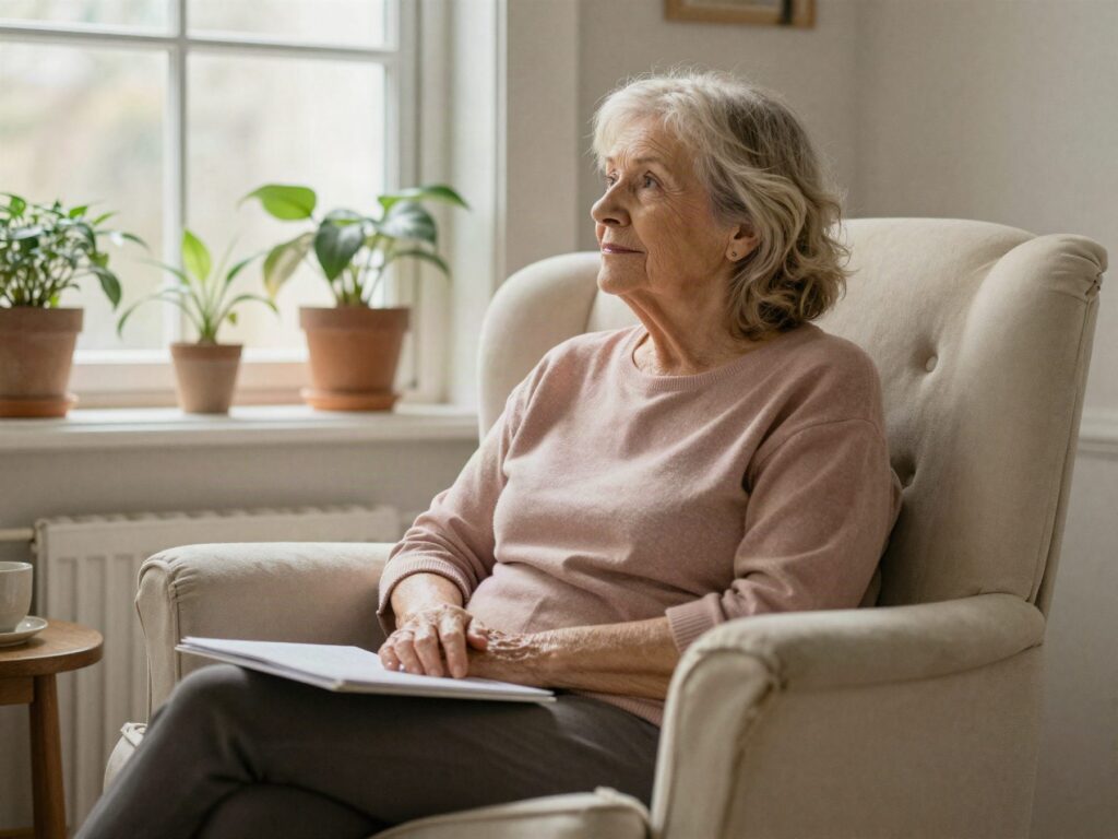 Oudere vrouw zit ontspannen in haar eigen zetel bij het raam